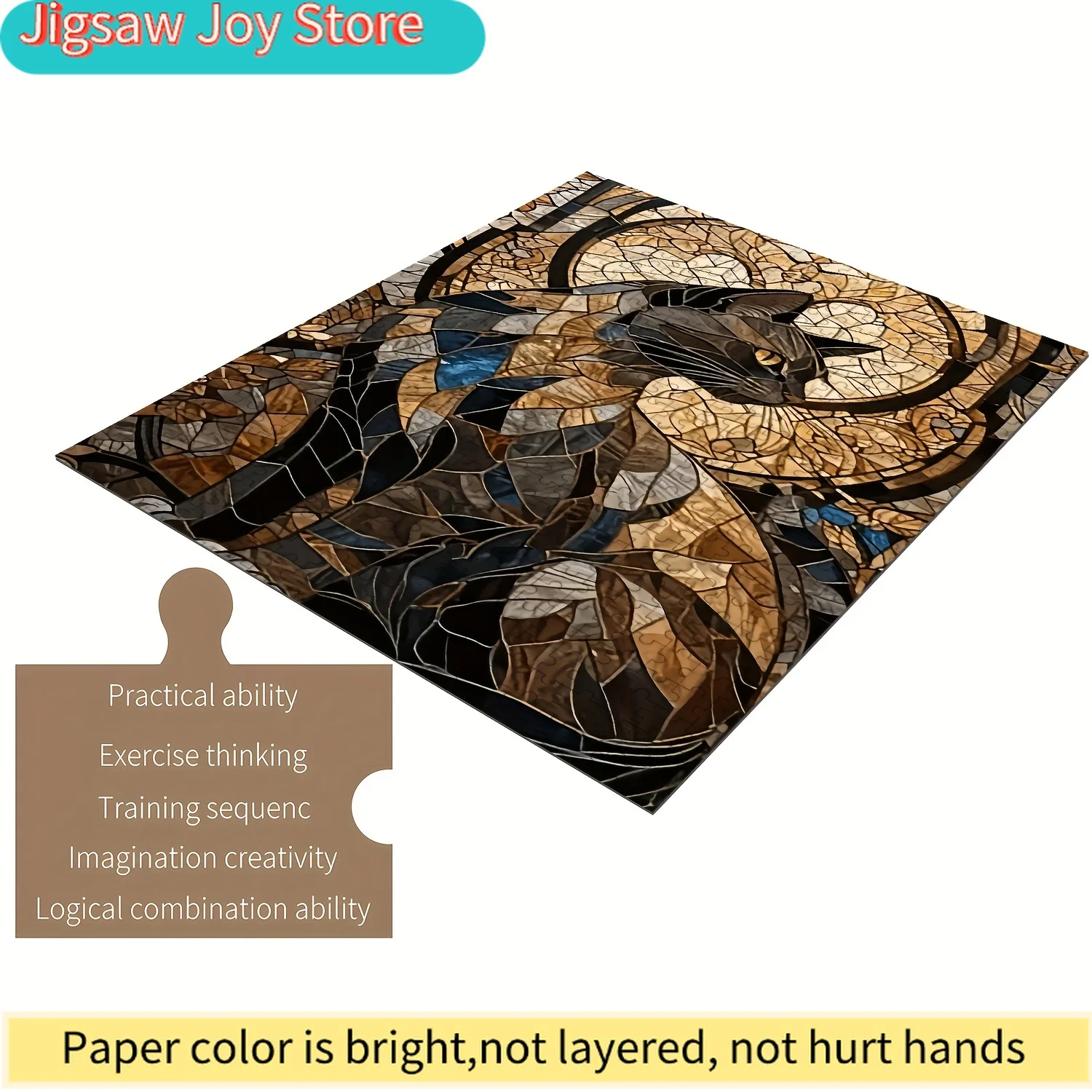 

Пазл с изображением кошки из витражного стекла для всей семьи - деревянный пазл с ярким мозаичным дизайном, устойчивый к царапинам и портативный, идеально подходит для