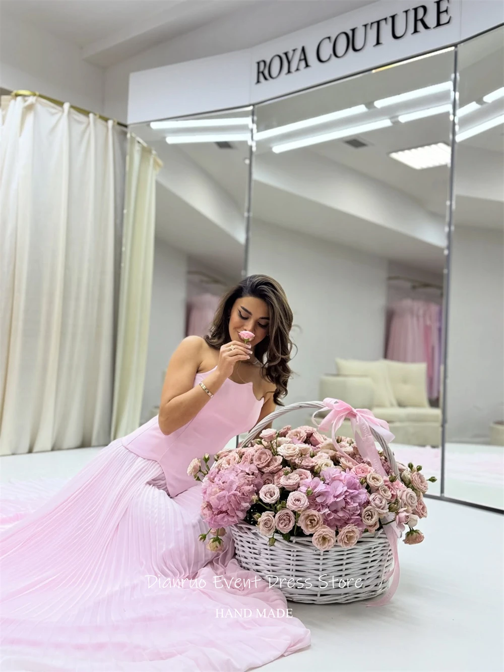 فستان سهرة Dianruo رشيق وردي بدون حمالات بحاشية مطوية فستان سهرة وردي شيفون متدفق على شكل حرف A رداء Bal De الترويجي مخصص #4