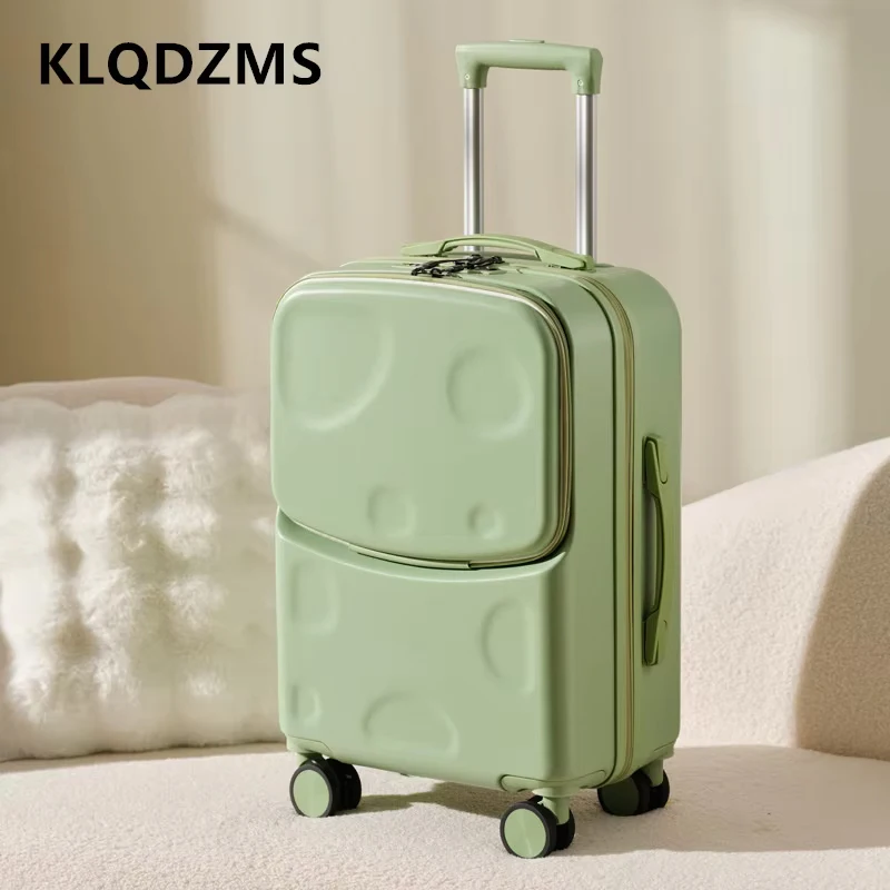 KLQDZMS Suitcase on Wheels Front Opening Laptop Boarding Case 20"22"24"26 Inch Trolley Case USB Charging Men's Cabin Luggage