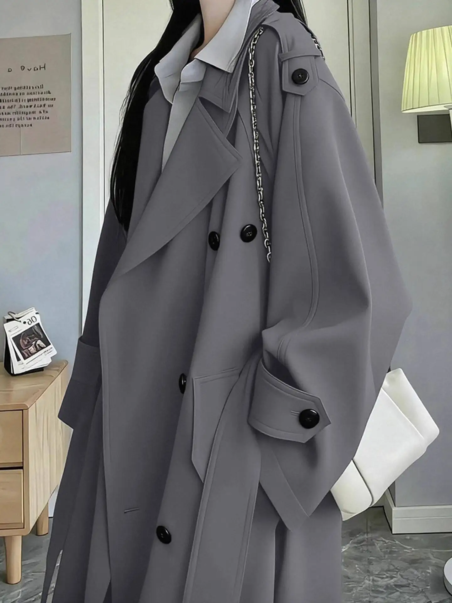 

Женский ветровка, длинный плащ, новинка 2025, осенний серый двубортный плащ, женское элегантное пальто средней длины