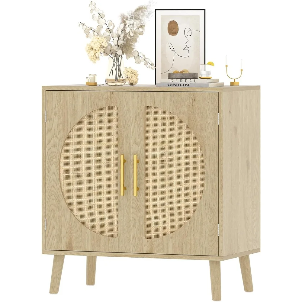 

​​Vintage Rattan Sideboard​​ - 2-Door Storage Cabinet with Solid Wood Feet for Dining Room & Kitchen