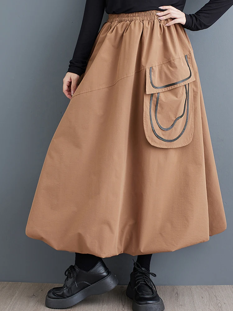 

XITAO Patchwork Big Pocket Elastic Waist Female Skirt Loose Casual All-match Personality Autumn Women New Fashion Skirt ZY8893