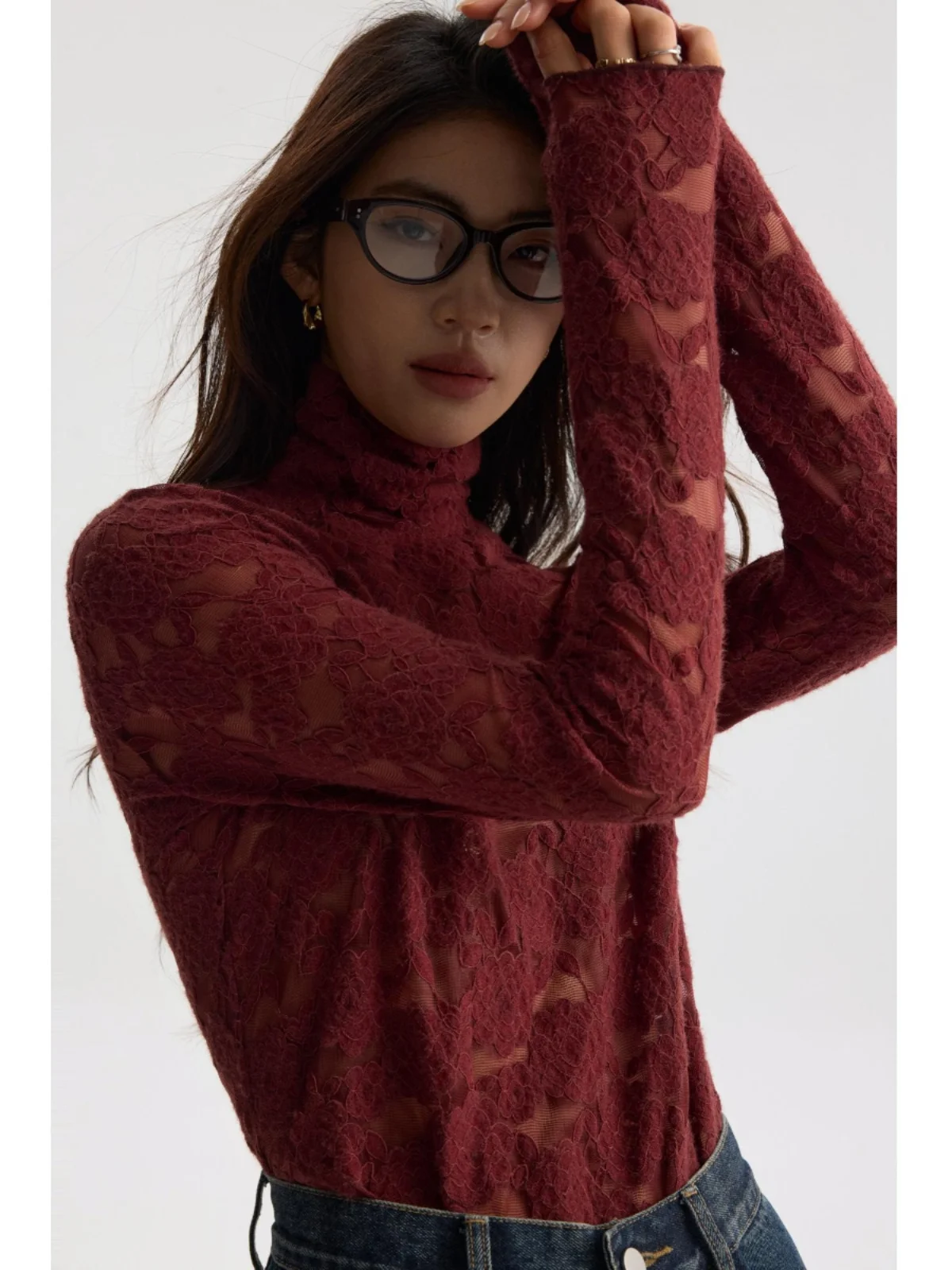 

Новинка! Теплая флисовая футболка Owyee Cisas с высоким воротником, облегающая, с кружевными вставками и цветочным узором, длинный рукав