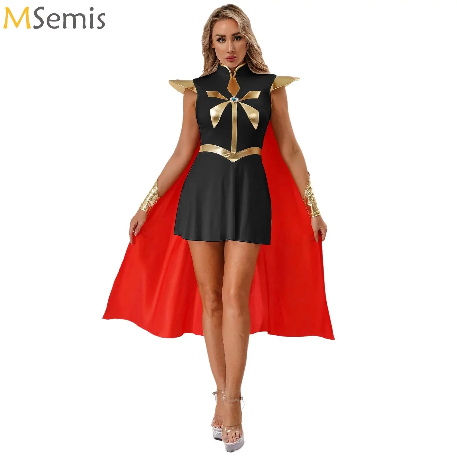 

Women Power Princess Cosplay Dress With Red Cloak And Oversleeve Rhinestone Queen Costume for Halloween Role Play Themed Parties