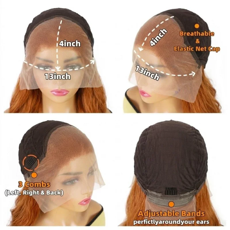 26 Inch Ginger Orange Body Wave 13×4 Lace Front Wig, Soft Loose Curls, Invisible Lace Hairline, Natural Style For Daily Makeup