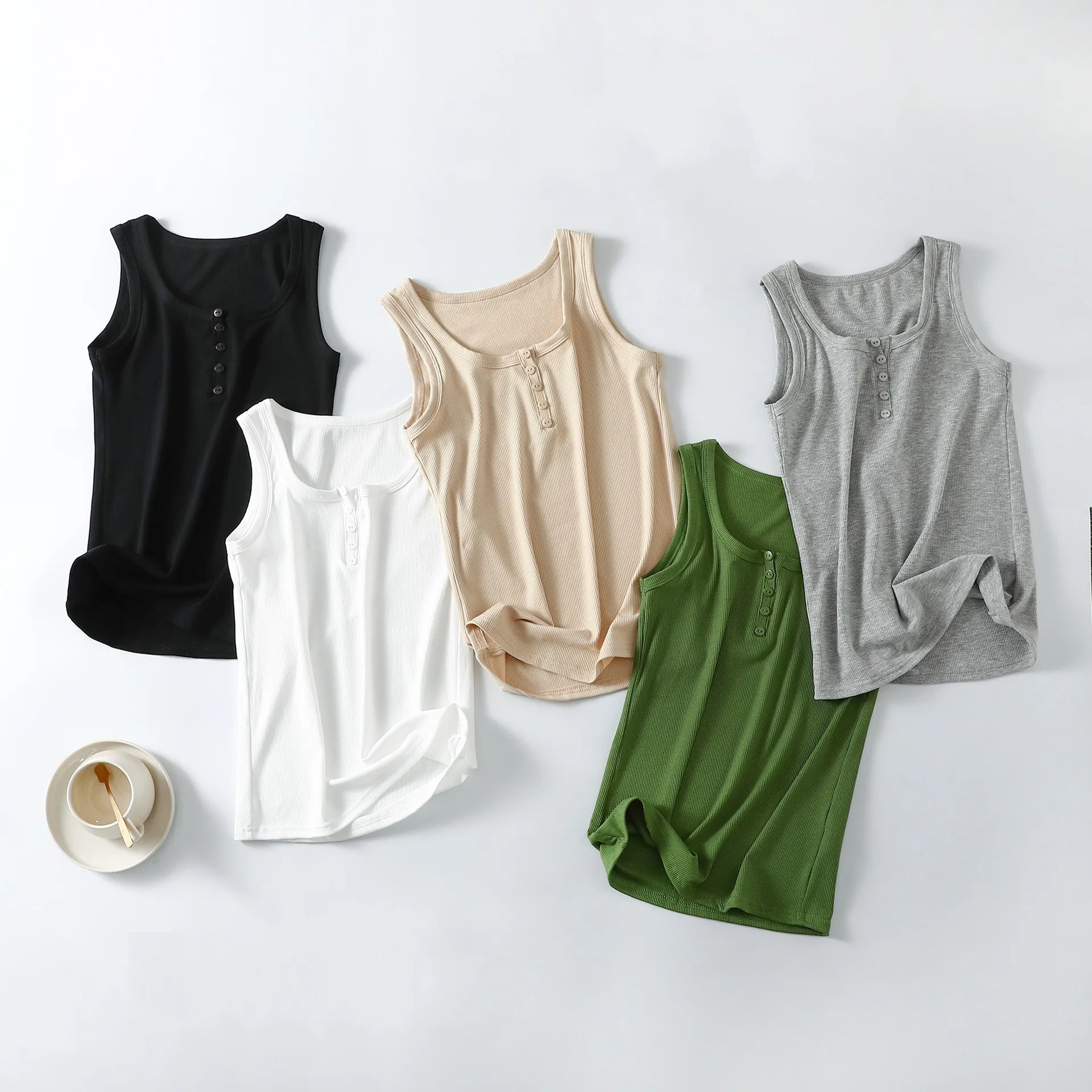 

Women U-Neck Tank Tops Button Basic sleeveless Tshirt Solid color Slim bottoming camis tee top