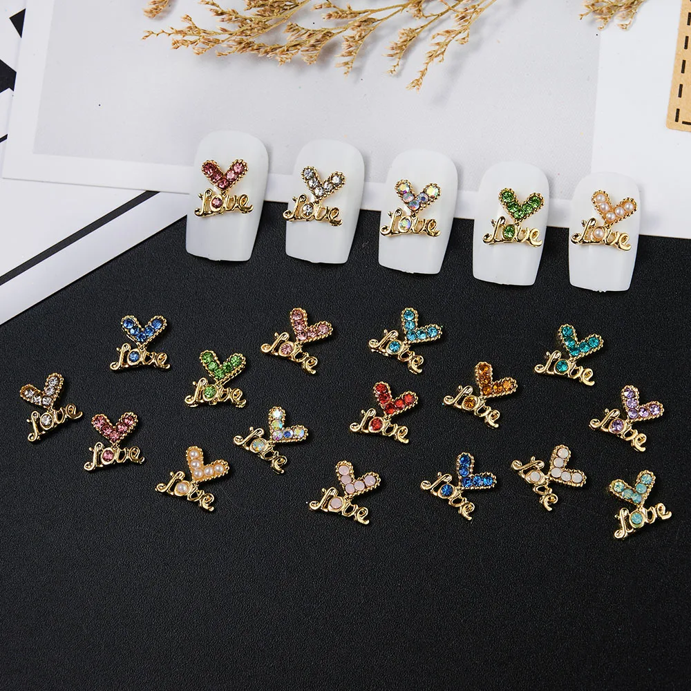 10PACK Initial Letter LOVE Nail Rhinestones Charms,V Shape Heart Mother Day Gift 2022 Nail Jewelry,Crystals Manicure Decoration