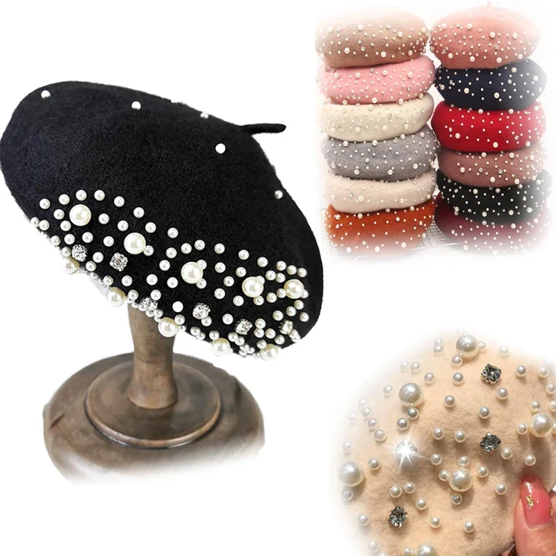 2024 Winter Wool Beret with Rhinestone Pearls Beads Female Elegant Cap Autumn Spring Hat Women Solid Color French Style Cap