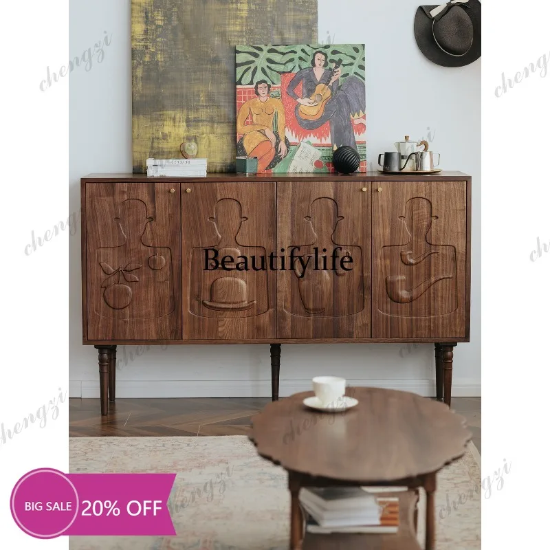 02A Household porch cabinet Large capacity retro storage locker Black walnut solid wood relief cabinet