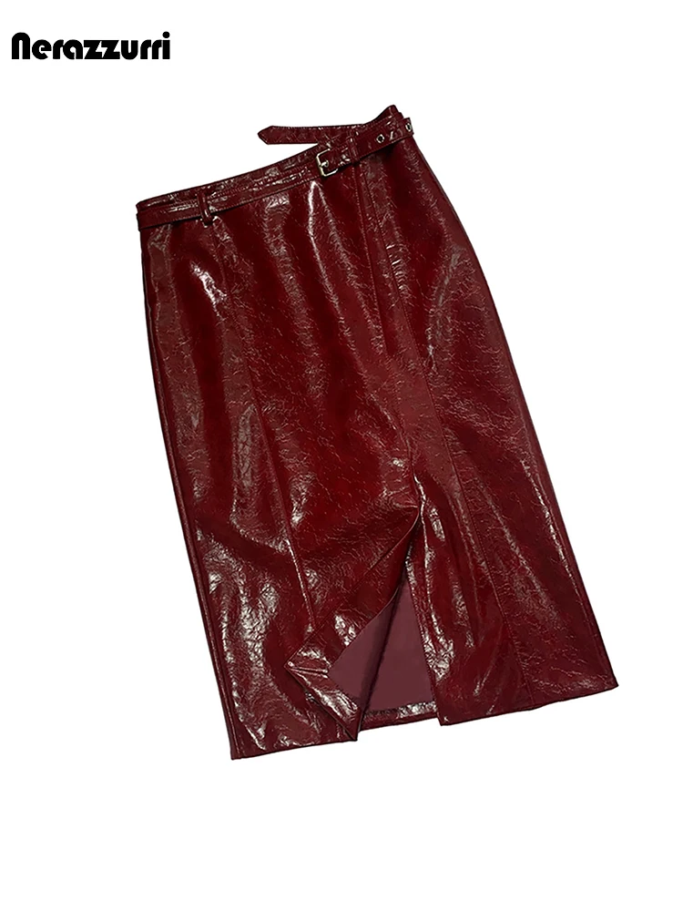 Nerazzurri  Summer Autumn Shiny Reflective Faux Leather Skirt Women Front Slit Belt High Waist Knee Length Elegant Luxury Clo