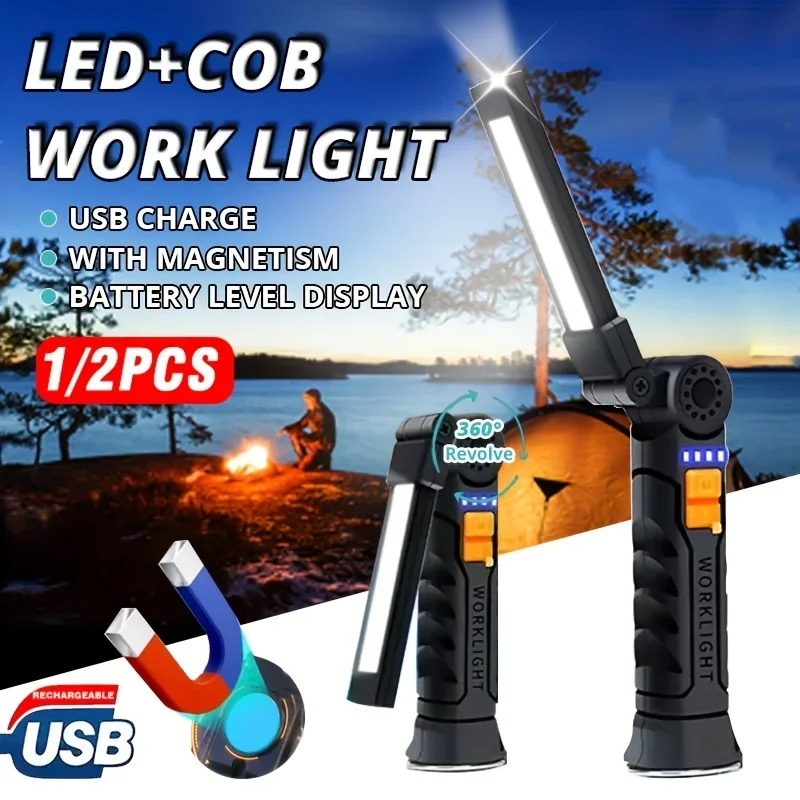 Luz de trabajo LED COB recargable con base magnética, 360 ° Rotación, ganchos modos de lámpara duales, impermeable, portátil para acampar, pescar, leer