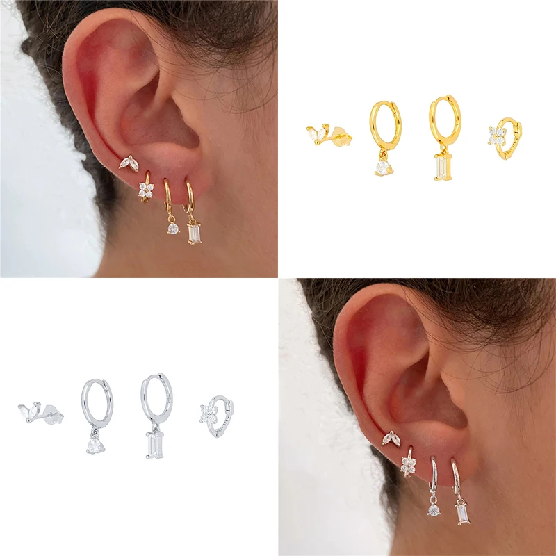 CANNER-pendientes de plata de ley 925 con circonita cuadrada para mujer, aretes de aro, Piercing de cristal blanco, fiesta de boda, tendencia 2022, Juego de 4 piezas