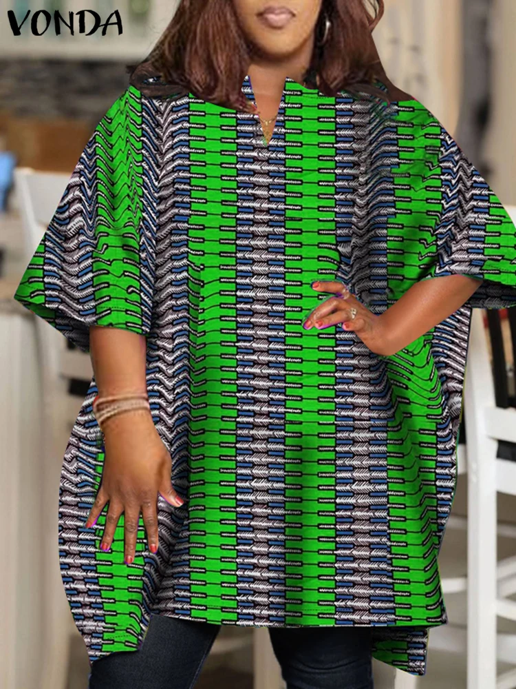 Plus Size 5XL VONDA Women Blouse 2025 Short Sleeve Printed Tops Female Blouses Vintage V-Neck Tunic Casual Loose Shirts Oversize