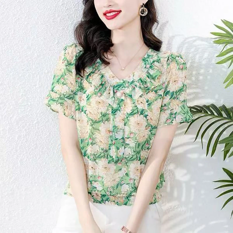 بلوزات شيفون أنيقة مطبوعة برقبة على شكل حرف v ملابس نسائية لصيف 2025 قمصان علوية أنيقة فضفاضة جديدة للمكتب للسيدات #4