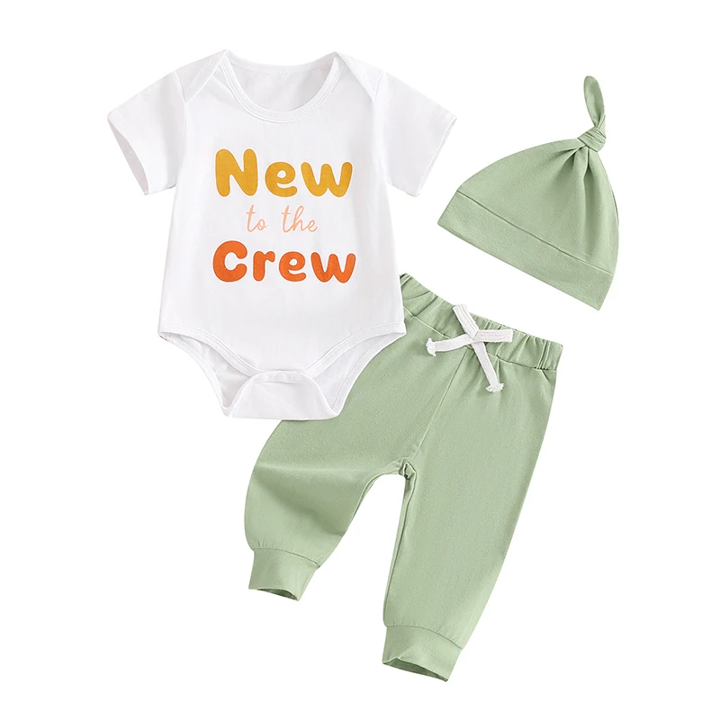 Newborn Boys and Girls Outfit Letter Print Short Sleeve Romper Elastic Waist Pants Hat Baby Summer 3 Piece Set