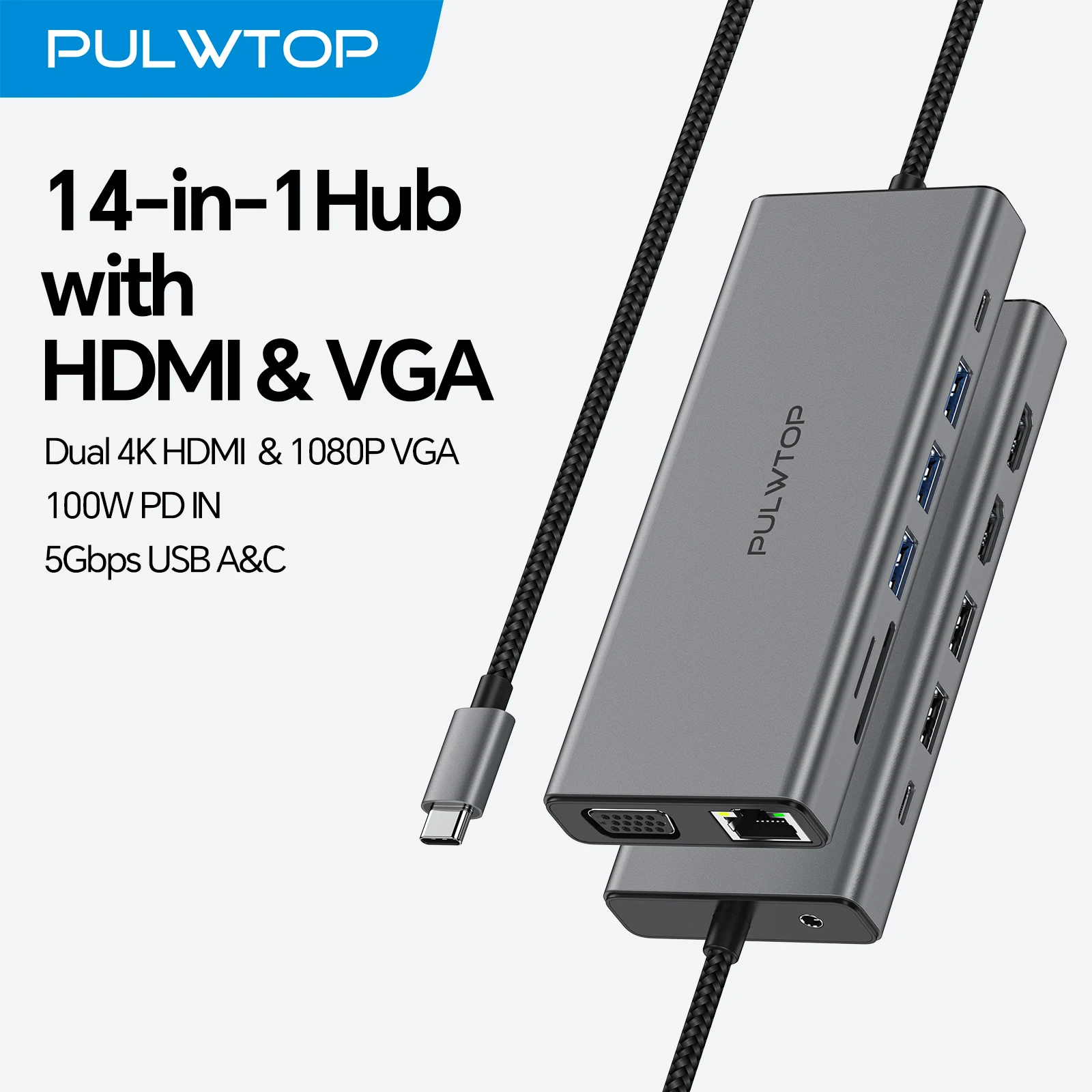 PULWTOP 14 in 1 Laptop Docking Station, Hub USB-C Multiport Adapter Dongle dengan Dual HDMI, VGA, PD, Ethernet, SD/TF, Port USB C, Audio