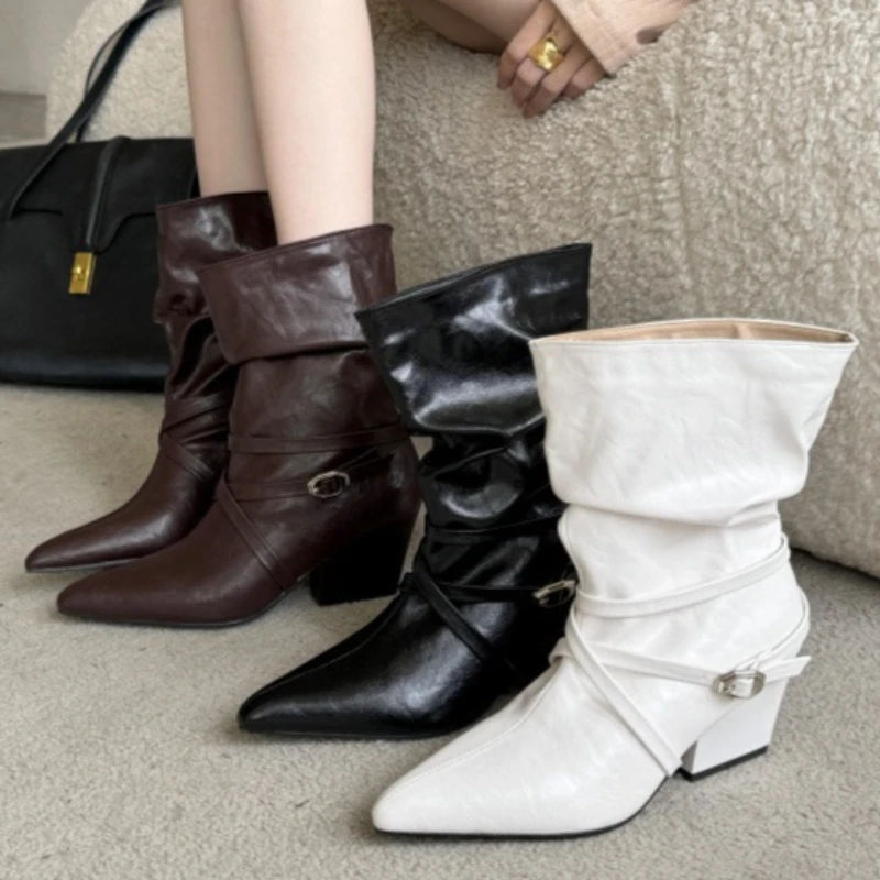 Retro Faux Leather Mid‑Calf Boots Belt Buckle Pointed Toe Low Block Heel Western Boots Autumn Winter Footwear