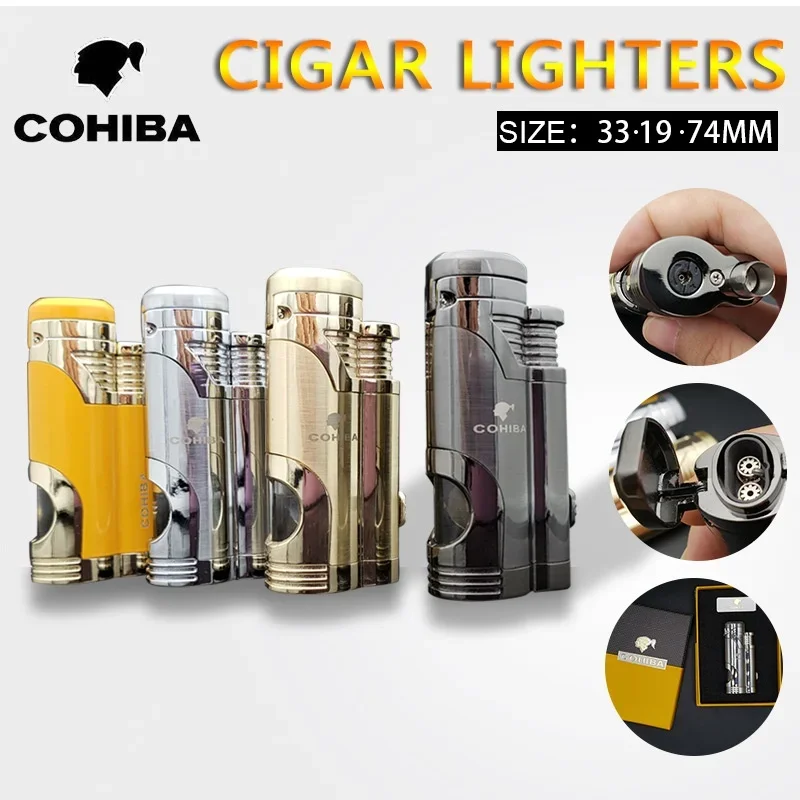 COHIBA Blue Flame Windproof Double Direct Charge Cigar Metal Inflatable Lighter Cigar Lighter Cigar Opener High end Men\'s Gift