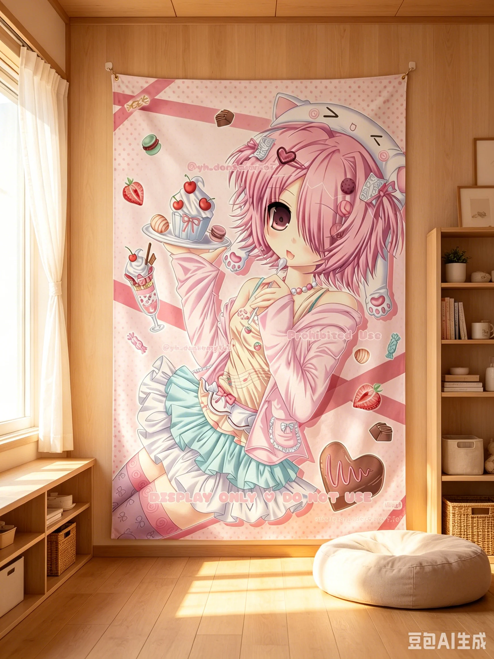 Rosa Haar Katzenohren Süßes Dessert Anime Mädchen Wandteppich Kawaii Pastell Mädchen Schlafzimmer Wandbehang – Detail 5