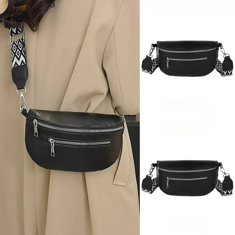 Women's Waist Bag Multi-pocket Street Fanny Pack PU Leather Chest Bag Fashion Wide Strap Crossbody Bag Retro Solid Shoulder Bags