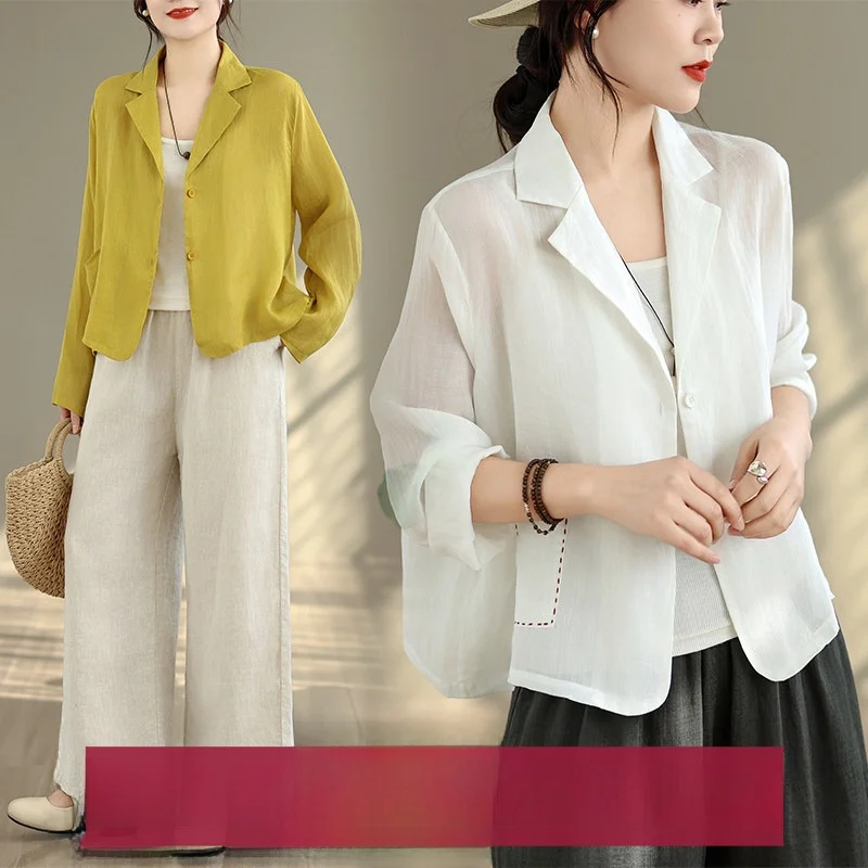 

Elegant Embroidered Long Sleeve Cotton Linen Shirt Thin Cardigan Style Women's Casual Versatile Simple Top Summer Fashion