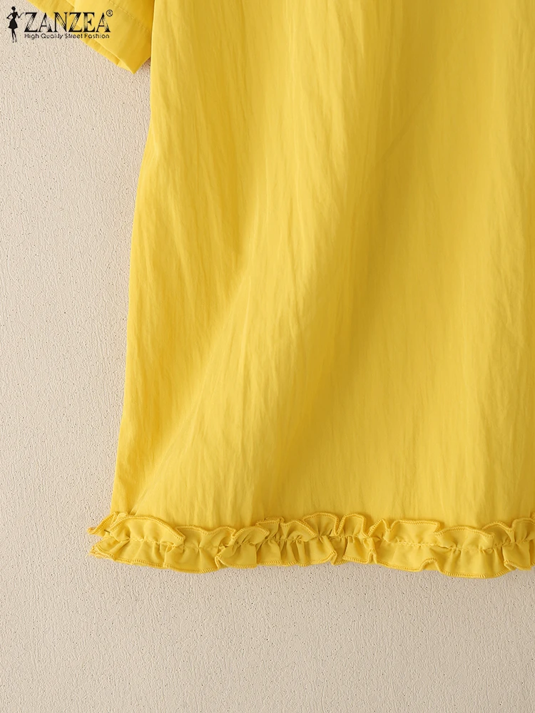 ZANZEA Women 2025 Summer Chic Blouses Ruffed Trim O-Neck Short Sleeve Crinkled Blusas Mujer Streetwear Casual Solid Color Tops