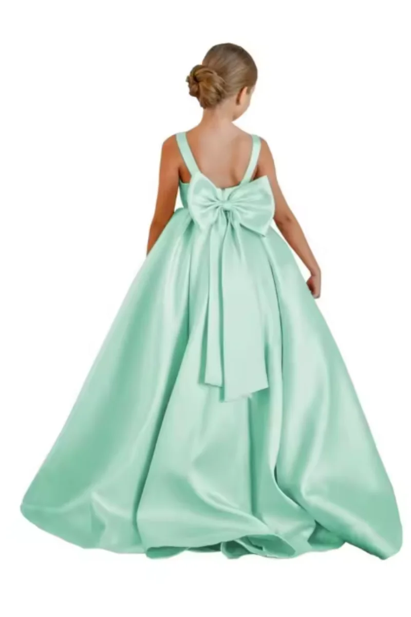 Vestido de fiesta de boda de satén para niños, vestido sencillo con lazo y flores para niña, vestido largo de cumpleaños, vestido de primera comunión