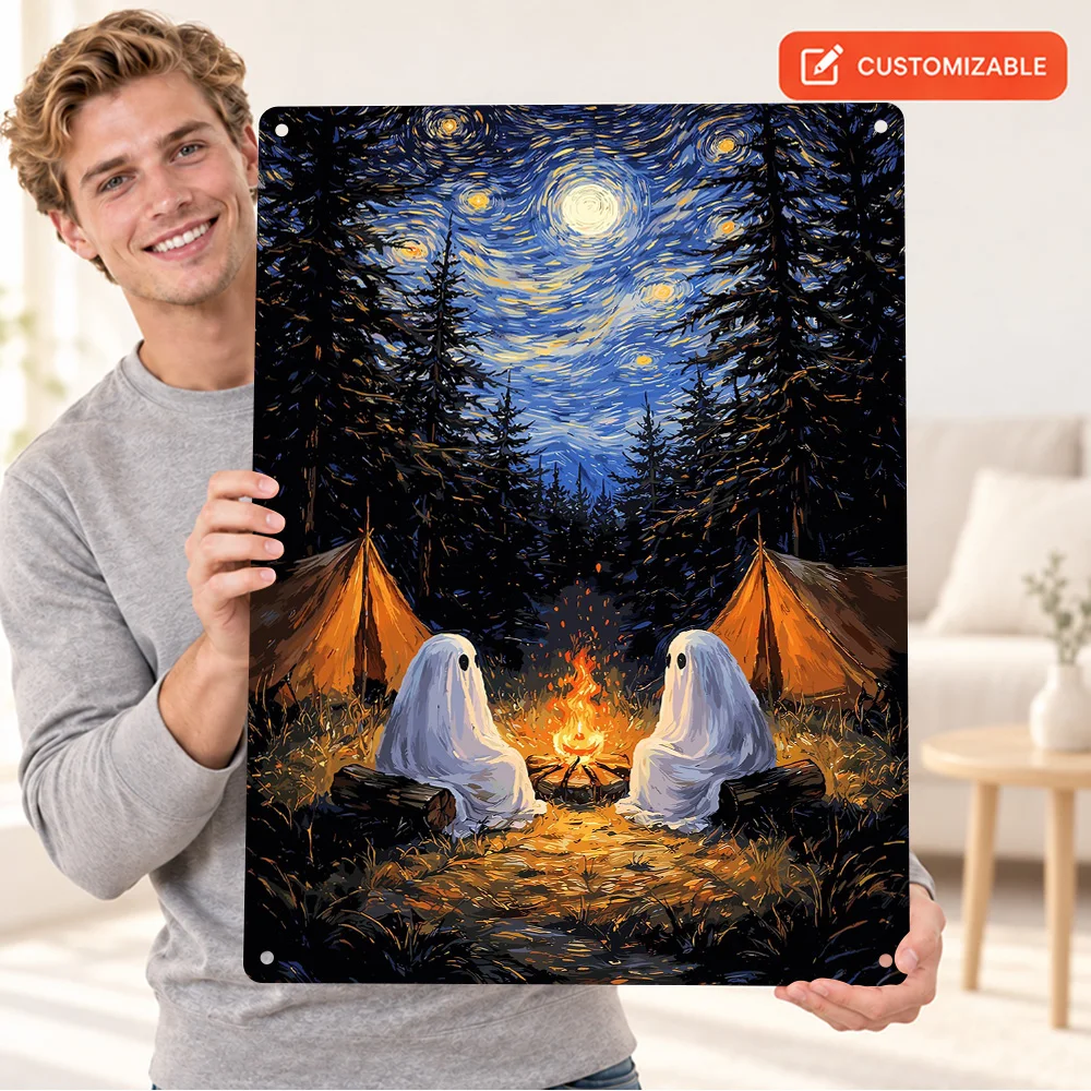 Ghosts Camping Under Starry Sky Aluminum Poster Astronomy Graphic Home Office Wall Art Customized Metal Sign Cosmic Decor Gift