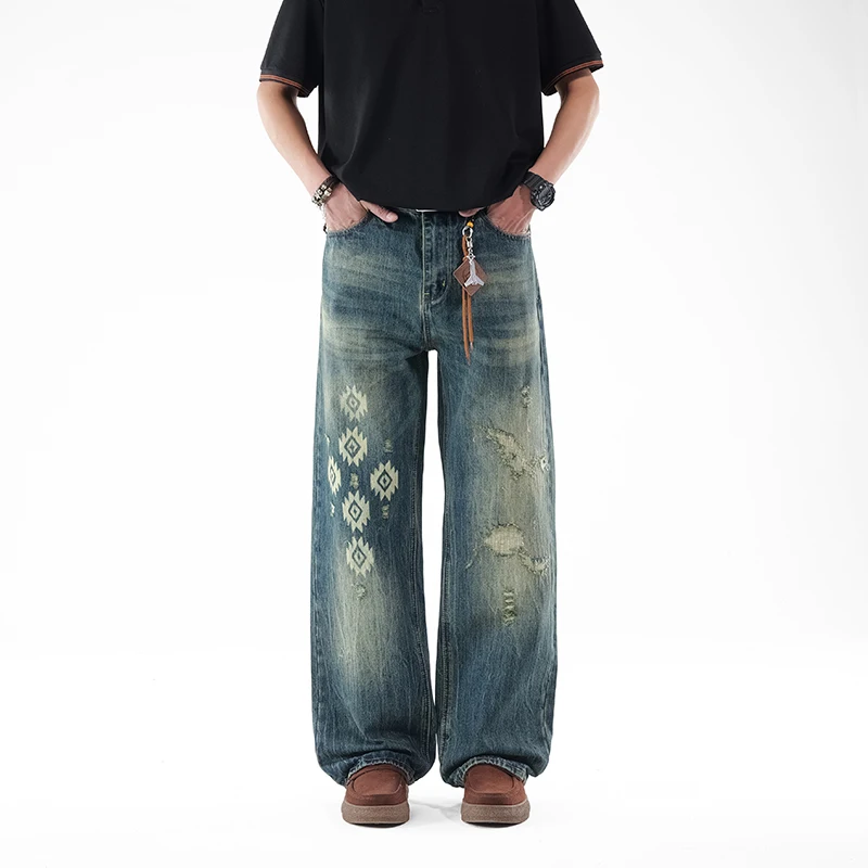 

Men Vintage Washed Wide Leg Jeans Geometric Print Distressed Loose Straight Denim Pants Baggy Jeans Patched No Accessories