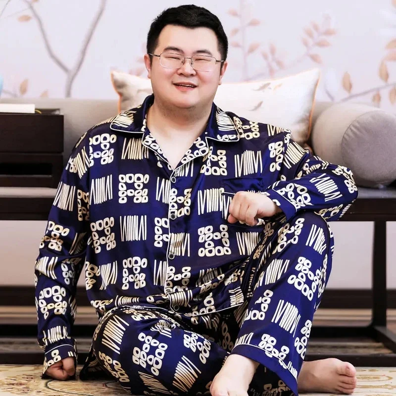 9011-12Large size men's pajamas, long-sleeved, plus fertilizer, home service, 200 catties, imitation silk suit spring and summer