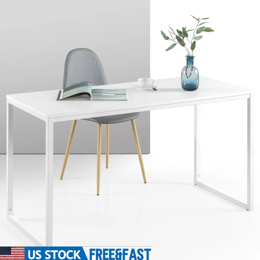 

Modern White Frame Computer Desk Easy Assembly Sturdy MDF Top Home Office Workstation Minimalist Design Multifunctional 55 Inch