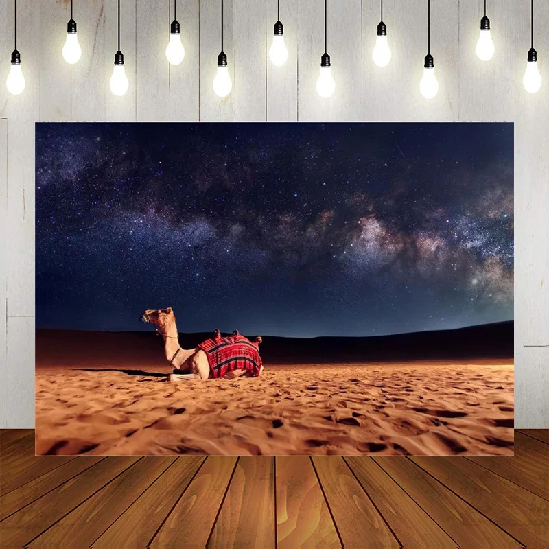 Night Desert Camel Backdrop Sand Dunes Under Galaxy Starry Sky Stars Photographic Background Themed Party Decorations Banner