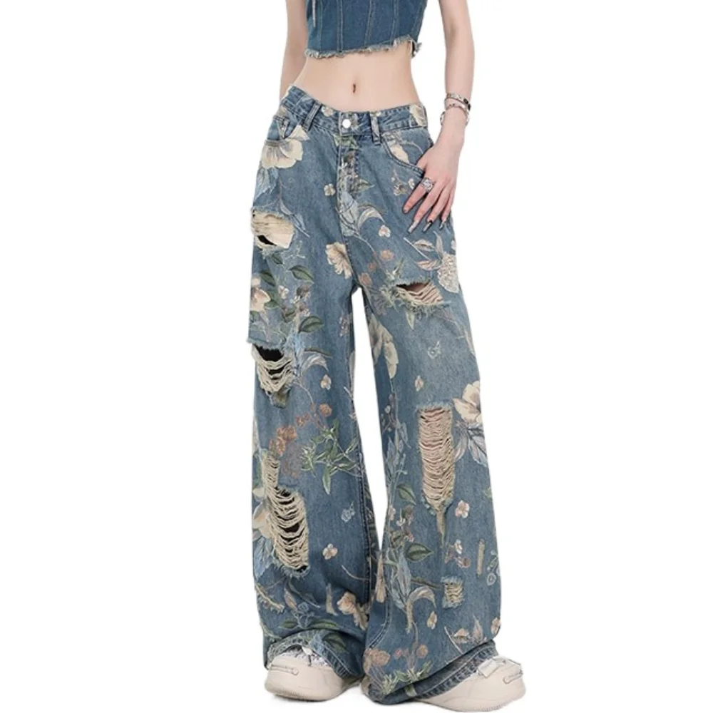 Harajuku Floral Jeans Women Y2K Ripped Baggy Broken Hollow Pants Wide Leg Streetwear Flower Cowboy Pants Unisex