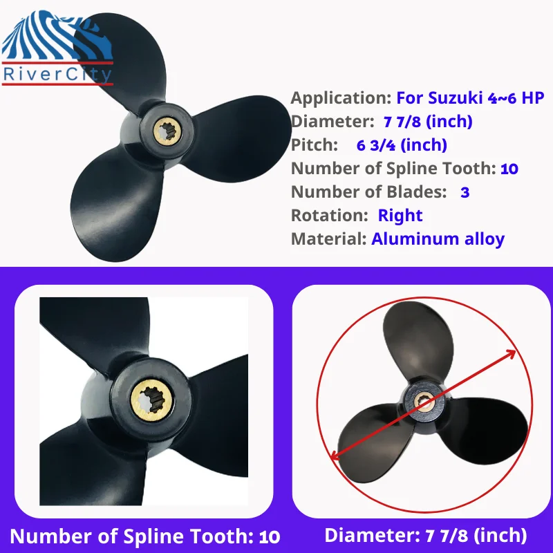 For Suzuki 4hp 5hp Outboard Outboard Propeller 7 7/8x6 3/4 Boat Motor Aluminum Alloy Screw Ship Marine Engine 3 Blade 10 Spline