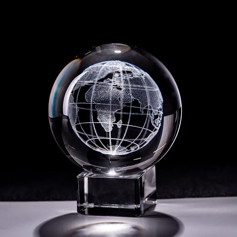 6cm Crystal Ball 3D Laser Engraved Earth Sphere Glass Globe Planets  with Stand Home Office Decoration Figurine Paperweight
