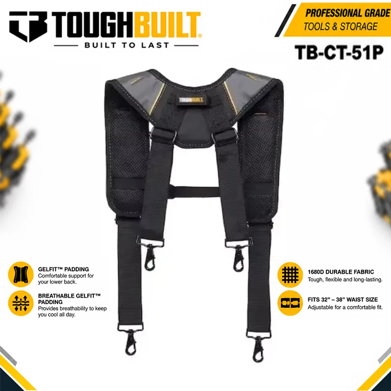 TOUGHBUILT TB-CT-51P Padded Work Suspenders, Universal Construction Shoulder Harness with 4 Lumbar Support Straps