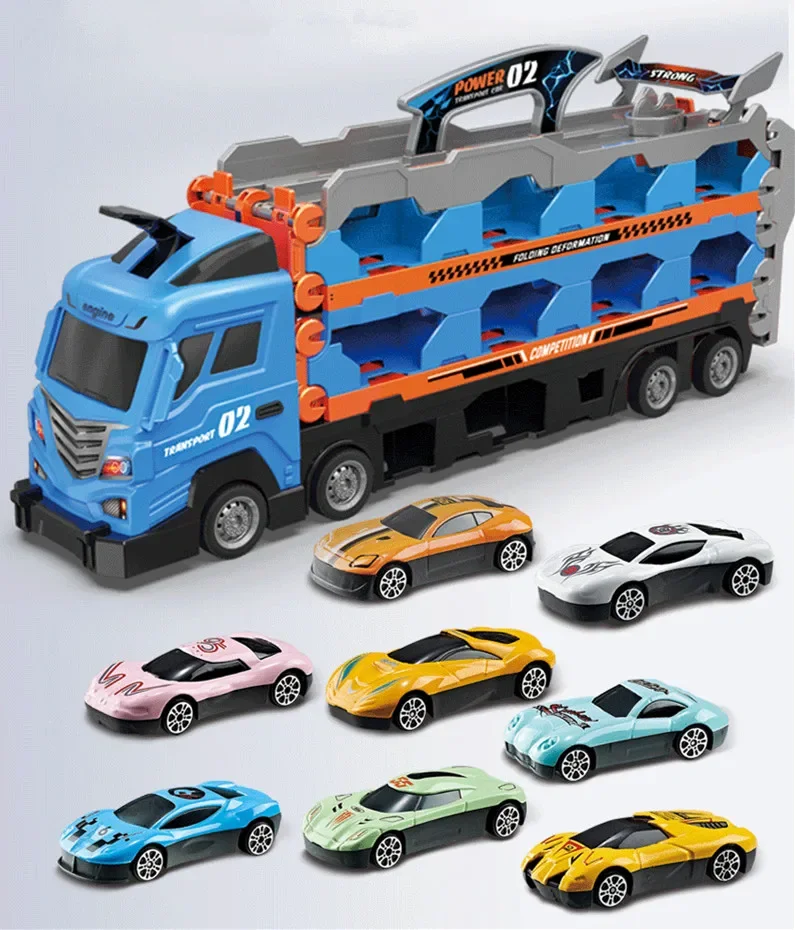 [Funny] Die-cast car Deformation catapult truck inertia pull back folding storage Track Race Truck set Toys kids birthday gift