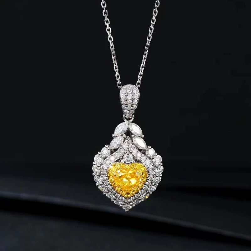 

QYI Heart 1.7 Carats Natural Yellow Diamond Necklace 18K White Gold Cute Romantic Pendant Women Engagement Fine Jewelry