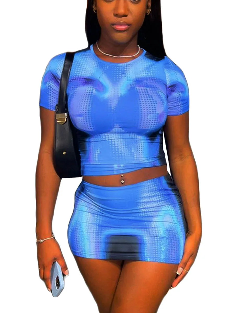 

Women Y2K 2 Piece Outfits Short Sleeve Tie Dye Print Crop Tops and Bodycon Mini Skirt Summer Skirt Set Streetwear