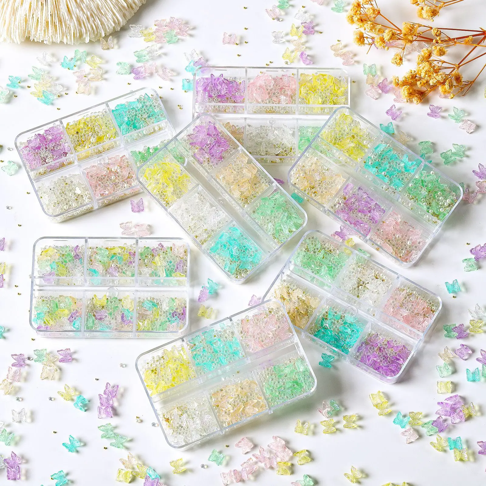 6-Box Summer Macaron Resin Butterfly Nail Jewelry Multicolor Mix and Match Aurora Butterfly nail jewelry ins