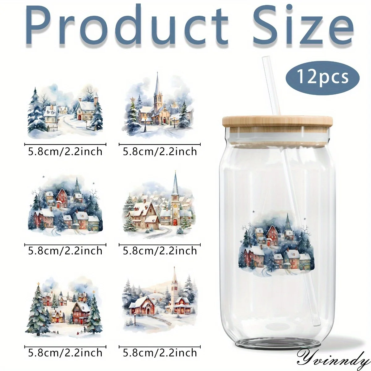 12Pcs/Set Christmas Snow Scenery DIY Glass Jar Packaging Stickers UV DTF High Self-Adhesive Transfer Paper