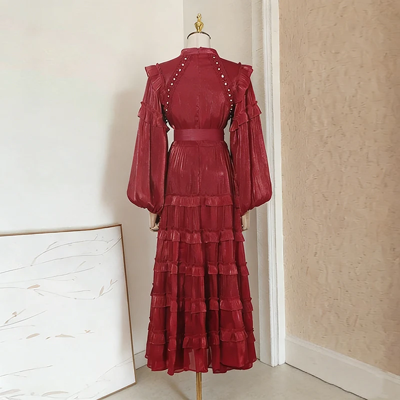 Vestido Tunic Vintage Sólido para Mulheres com Gola Alta, Manga Bufante, Rendas e Detalhes em Camadas, Vestidos Doces para Mulheres Novos