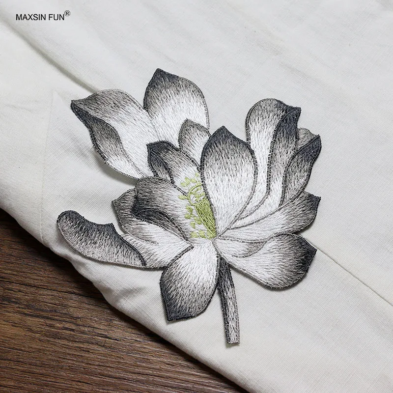 1 Piece 14.5*16.3cm Blue Ink Pink Cyan Lotus Embroidery Patch Fashion Applique Sew on Patch for Evening Dress DIY Glue-free