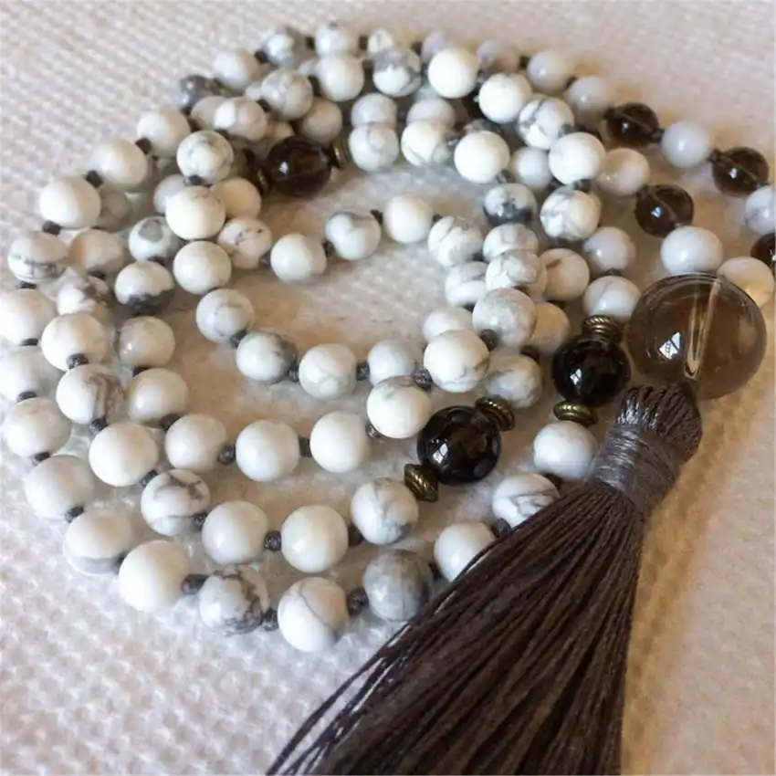 

Natural White Howlite & Smoky Quartz Mala Beads Necklace 108 Beads with Brown Tassel Healing Crystal Jewelry