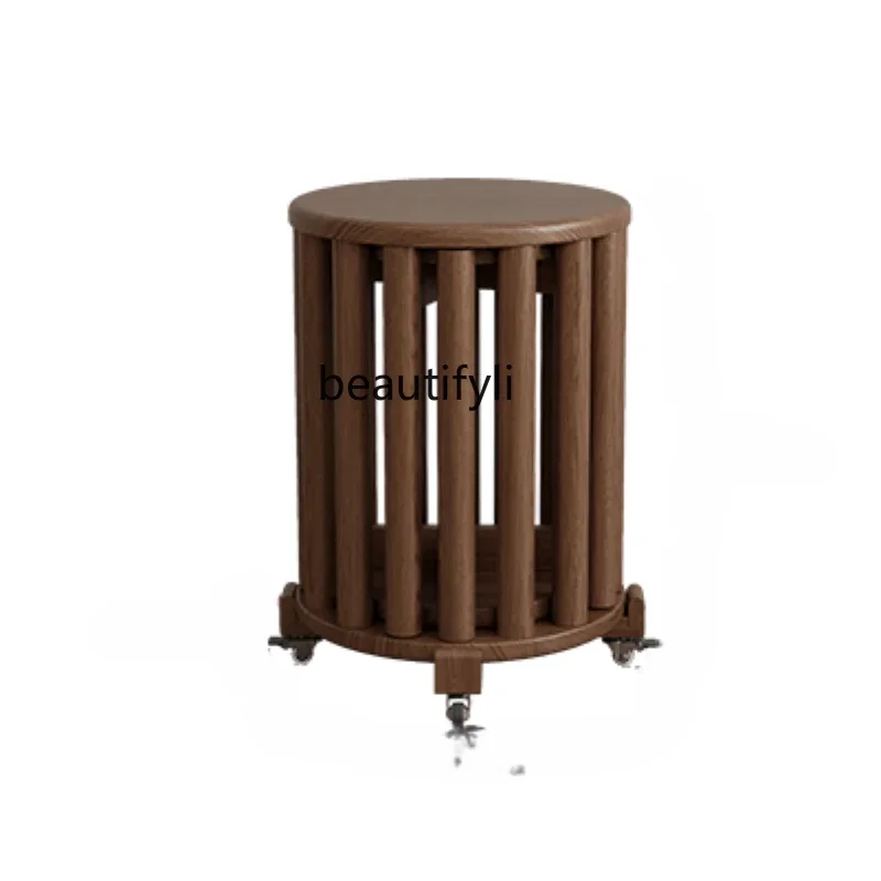 Solid wood stackable round stool household stacking music spare dining table bench storage universal pulley chair