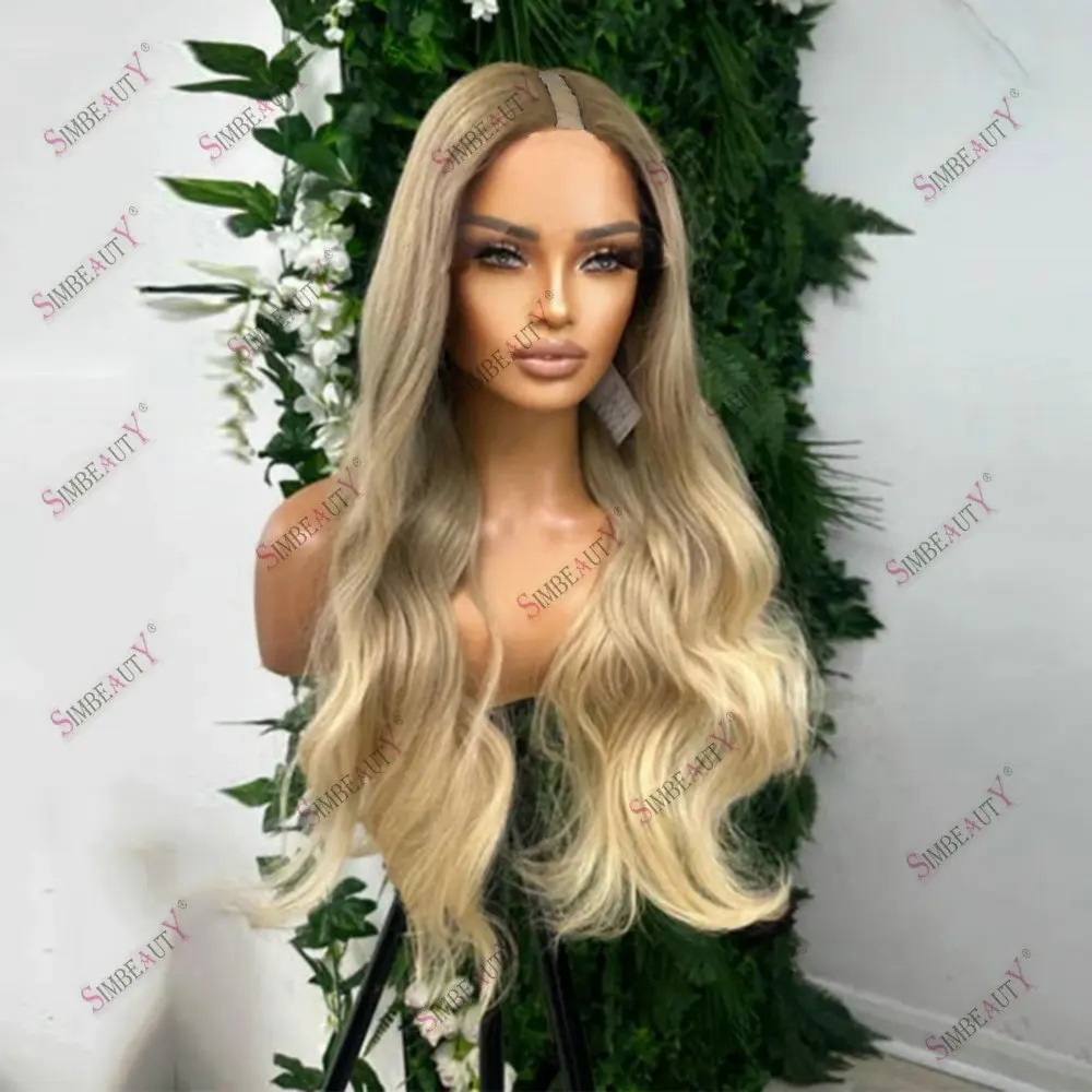 Slightly Wavy Rooted Light Golden Blonde 100% Virgin Indian Hair Full Machine Made U Part Wig Human Hair for Women Daily Wear