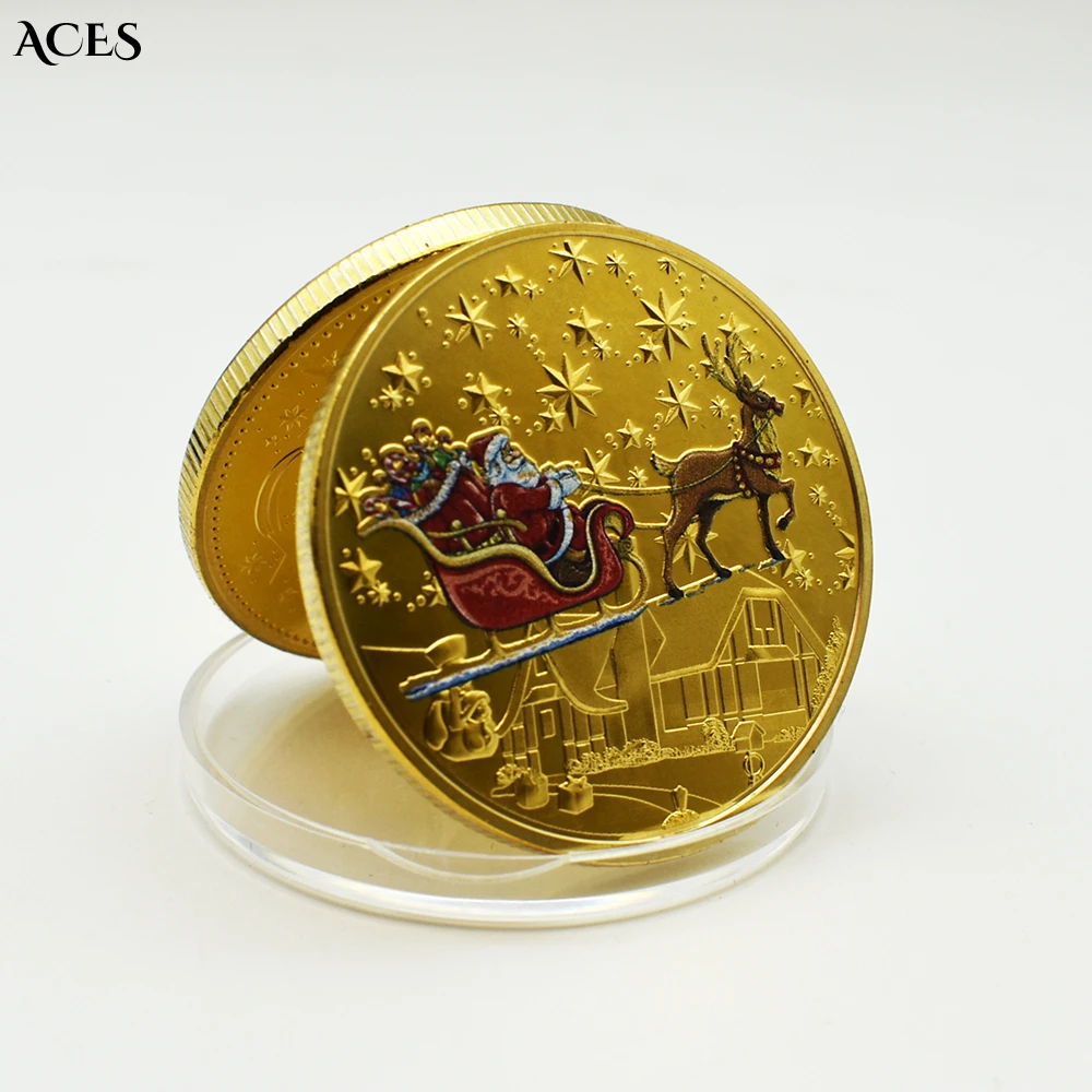 

Santa Claus Rides An Elk Sleigh Gold Coins Cute Lucky Coin Happy Holiday Souvenirs Gift Home Decoration Wholesale Items