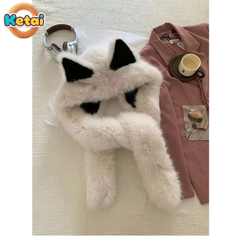 Cappello con orecchie di volpe in peluche spesso e resistente al freddo, sciarpa invernale da donna integrata Nuovo caldo e miglioramento del viso Piccolo cappello Lei Feng