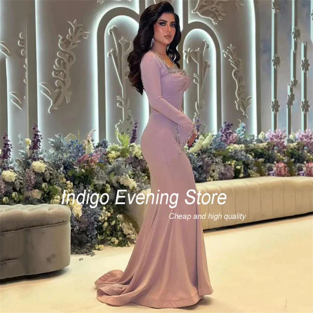 Indigo Prom Dresses Mermaid Square Collar Long Sleeve Beading Elegant Evening Gowns For Women Sweep Train فساتين الس Customized