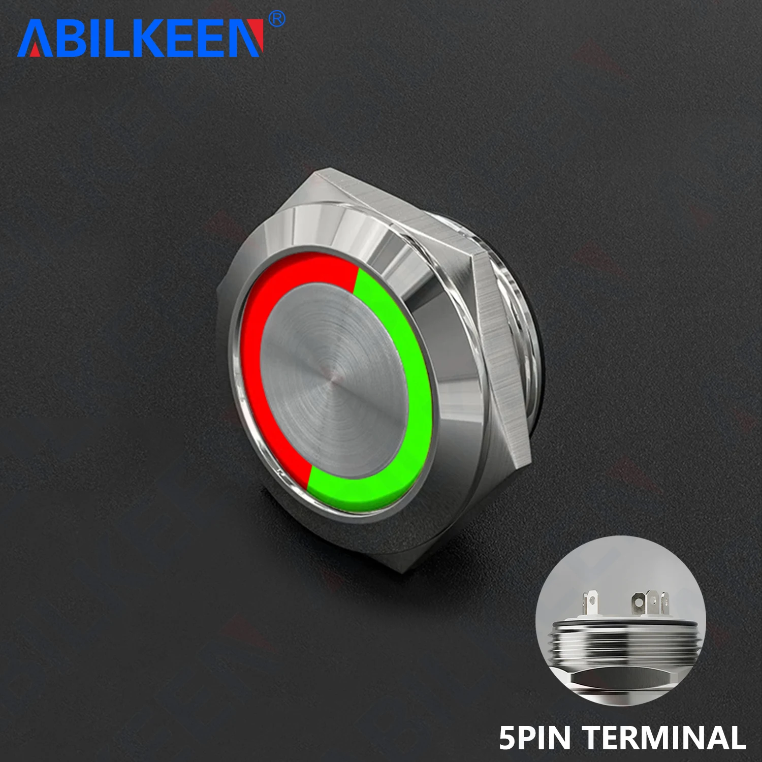 ABILKEEN 19MM Ultra-Thin Metal Push Button Switch 1NO Momentary Push Button Red+Green Bi-Color LED Ring Light DC 3-6V 12-24V